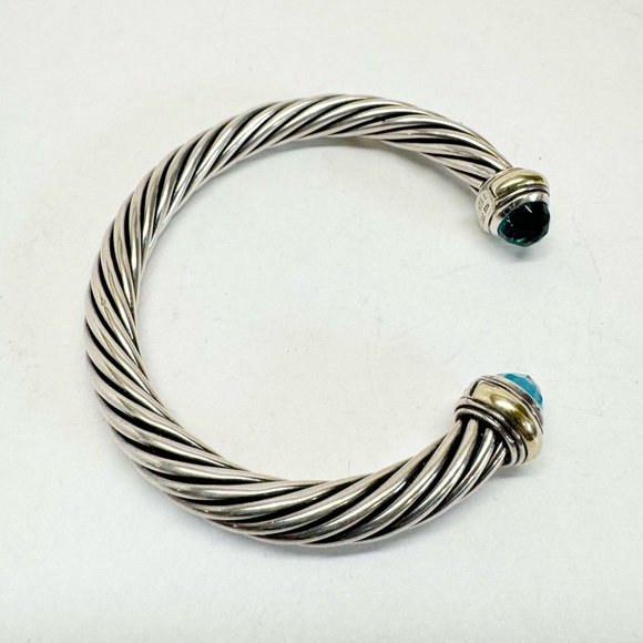 David Yurman 7mm Blue Topaz Cable Classic Cuff Bracelet .925/14K - Picture 6 of 10